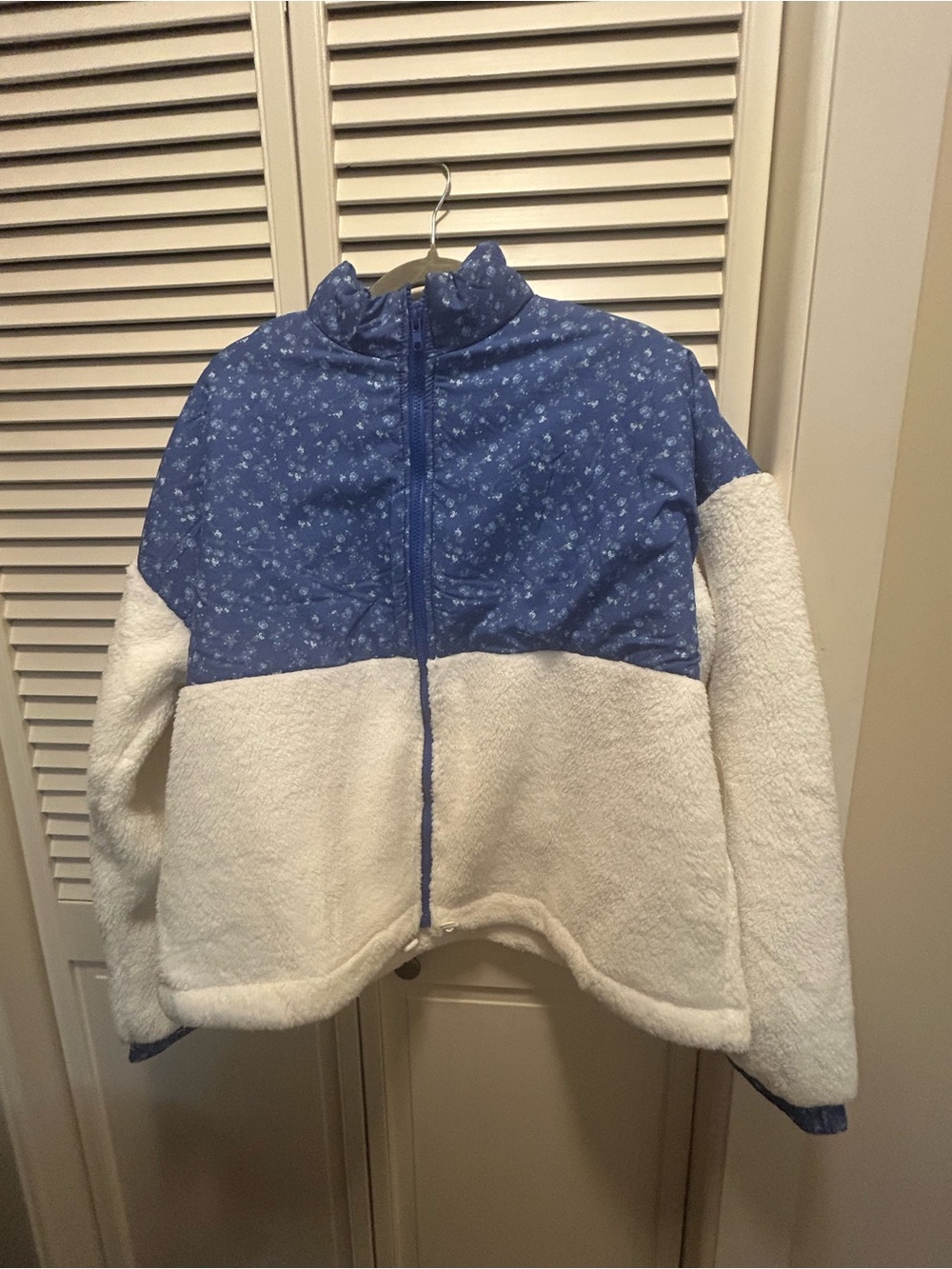 Blue and White Sherpa Zip Pea Coat
